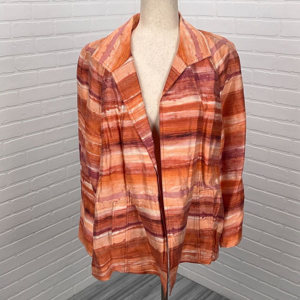 Chicos Jacket Women XLarge 16 Orange Watercolor Stripe Linen Southwest Boho